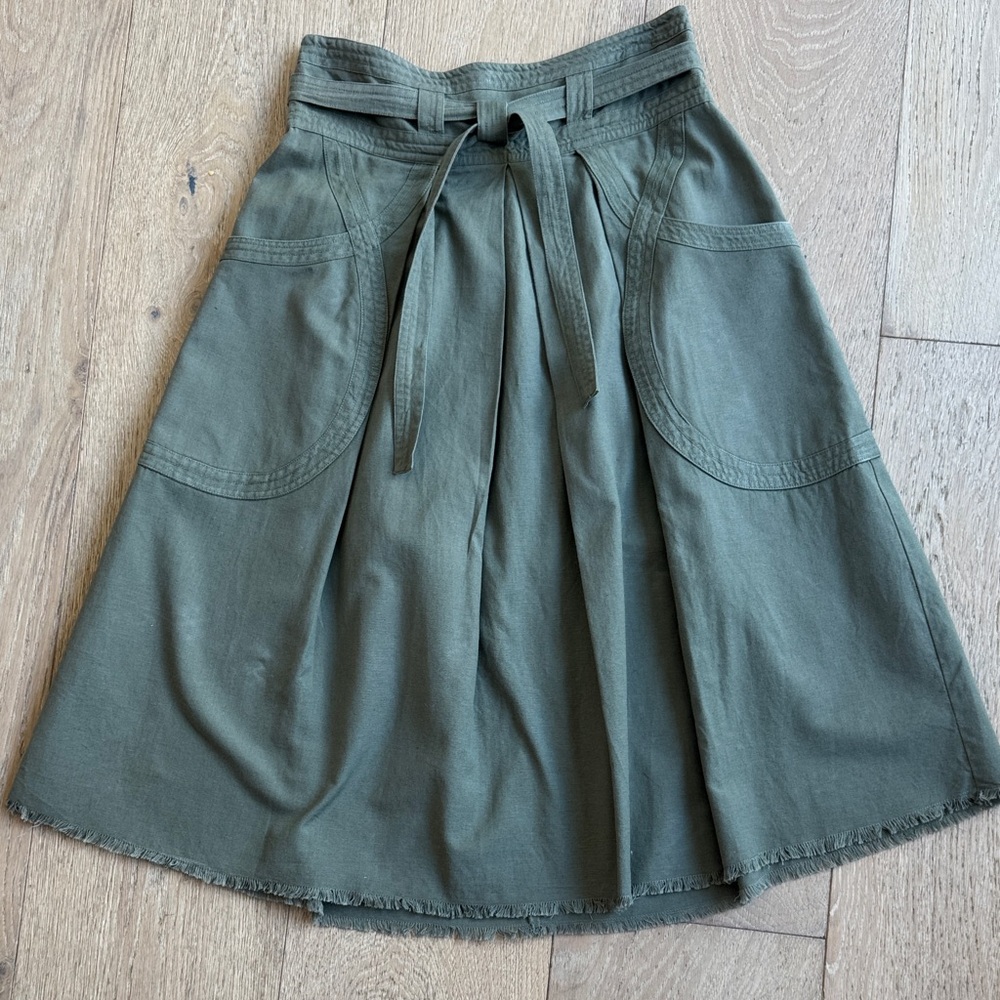 Ulla Johnson Dinan Skirt in Olive A-Line Midi Skirt with belt tie